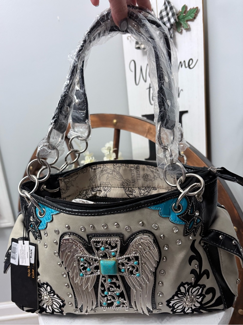 Cowgirl Trendy Embellished Wing Cross Satchel - Turquoise & Cream NWT